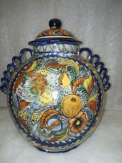 Round Vase with Ribbon Handles and Fruit Designs