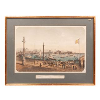 ANÓNIMO. Vista de Cádiz. Impresión coloreada. Enmarcada. 31 x 48 cm