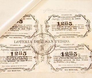 Billetes del a favor de los enfermos del Hospital general de San Pedro de la Loteria de S. Pedro, Puebla. Fechados 1878. Pz: 90