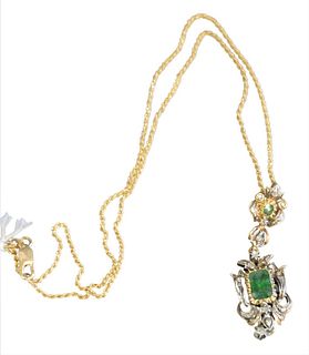 14 Karat Gold Chain, having gold pendant mounted with rectangular emerald and small diamonds, emerald 6.2 x 9.7 mm, total weight 13.2 grams. 