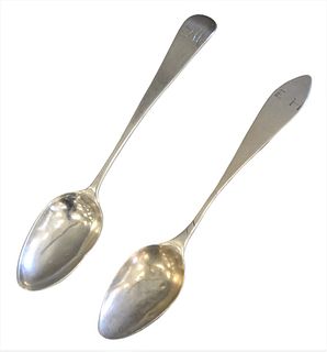 Two Early Silver Teaspoons, one marked J.R., probably Joseph Richardson, having some dents, length 5 1/2 inches. 