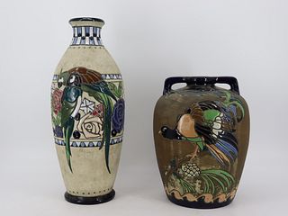 2 Amphoral Enamel Decorated Vases.
