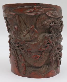 Chinese Carved Bamboo Root Brush Pot.