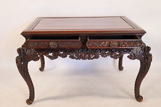 Antique Highly Carved Asian Desk & Chair.