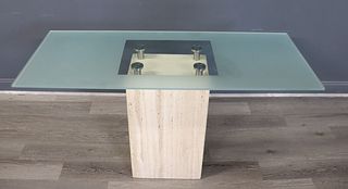 Vintage Glass Top Table With Travertine Base