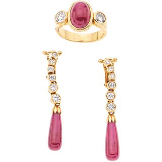 SET OF RING AND PAIR OF EARRINGS WITH RUBIES AND DIAMONDS IN 18K YELLOW GOLD 3 Rubies (different cuts) and 14 Brilliant cut diamonds