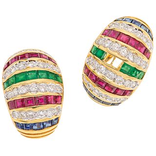 PAIR OF EARRINGS WITH EMERALDS, RUBIES, SAPPHIRES AND DIAMONDS IN 18K YELLOW GOLD 12 Emeralds, 24 rubies, 20 sapphires and 52 diamonds