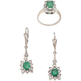 SET OF RING AND PAIR OF EARRINGS WITH EMERALDS AND DIAMONDS IN 14K WHITE GOLD 3 Emeralds ~1.80 ct and 29 diamonds ~0.87 ct