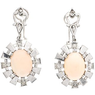 PAIR OF EARRINGS WITH CORALS AND DIAMONDS IN PALLADIUM SILVER 2 Pink corals ~8.0 ct, 8 8x8 cut diamonds ~0.24 ct. Weight: 11.8 g