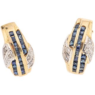 PAIR OF EARRINGS WITH SAPPHIRES AND DIAMONDS IN 14K YELLOW GOLD 40 Square cut sapphires ~0.80ct and 8 Brilliant cut diamonds~0.08ct