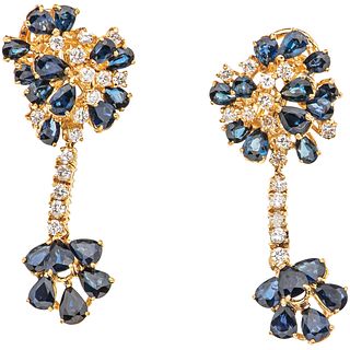 PAIR OF EARRINGS WITH SAPPHIRES AND DIAMONDS IN 14K YELLOW GOLD 36 Pear cut sapphires ~5.0 ct and 32 Brilliant cut diamonds ~1.0 ct