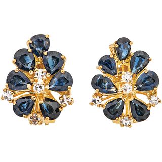 PAIR OF EARRINGS WITH SAPPHIRES AND DIAMONDS IN 14K YELLOW GOLD 14 Pear cut sapphires ~3.50 ct and 10 8x8 cut diamonds ~0.30 ct