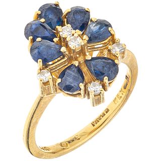 RING WITH SAPPHIRES AND DIAMONDS IN 14K YELLOW GOLD 7 Pear cut sapphires ~1.20 ct and 5 8x8 cut diamonds ~0.15 ct. Size: 6 ¾
