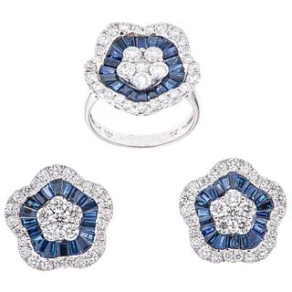 SET OF RING AND PAIR OF EARRINGS WITH SAPPHIRES AND DIAMONDS IN 18K WHITE GOLD 63 Sapphires ~3.95 ct and 93 Diamonds ~3.05 ct