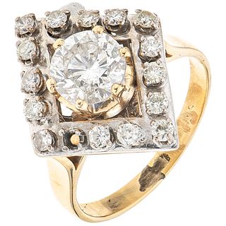 RING WITH DIAMONDS IN 14K YELLOW GOLD 1 Brilliant cut diamond ~1.20 ct and 15 Diamonds (different cuts) ~0.45 ct. Size:7½