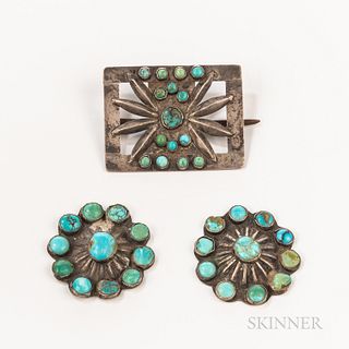 Navajo Silver Hair Brooch and Two Silver and Turquoise Buttons