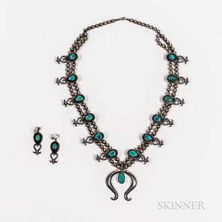 Navajo Silver and Turquoise Squash Blossom Necklace with Matching Earrings