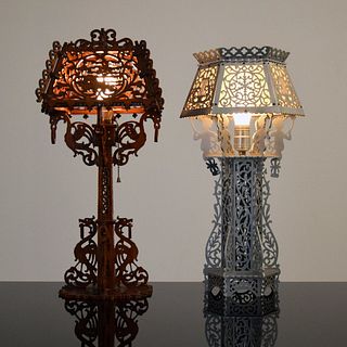 2 Folk/Tramp Art-Style Lamps, Paige Rense Noland Estate