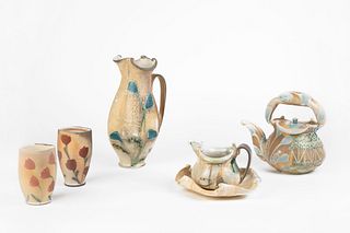 Julia Galloway, Teapot, Pitcher, Creamer with Saucer, and Two Tall Tea Bowls