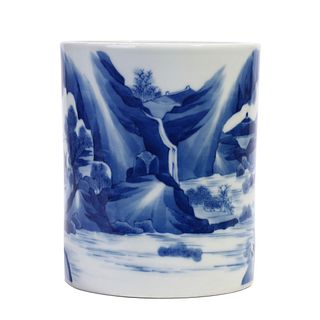 A CHINESE BLUE AND WHITE LANDSCAPE BRUSHPOT