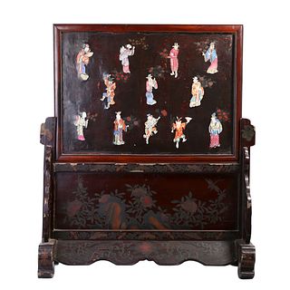 A PORCELAIN-INLAID HARDWOOD TABLE SCREEN