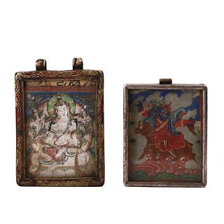 TWO TIBETAN BRONZE RELIQUARY BOXES WITH THANGKAS