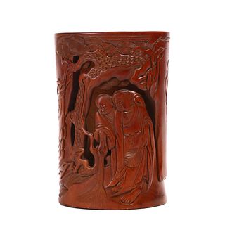 A CARVED BOXWOOD IMMORTALS BRUSH POT