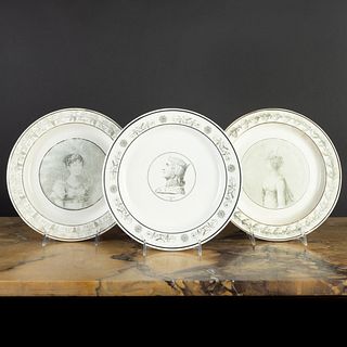 Group of Three Stone, Coquerel et Le Gros Transfer Printed Creamware Dinner Plates with Royal Portraits