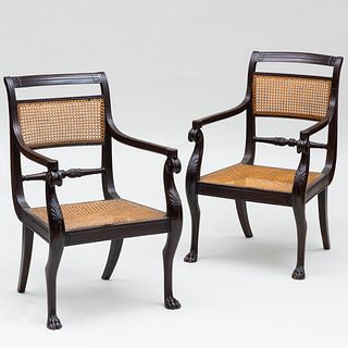 Pair of Regency Faux Painted Rosewood and Caned Armchairs