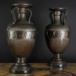 Pair of Italian Neoclassical Style Bronze Urns on Marble Bases, After the Antique