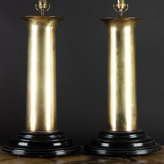 Pair of Large Brass, Copper and Ebonized Columnar Lamps