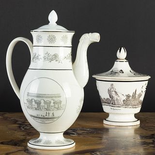 French Transfer Printed Creamware Teapot and Sugar Bowl and Cover