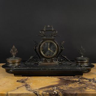 Napoleon III Bronze and Marble Inkstand, Pen Tray and Clock