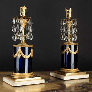 Pair of English Gilt-Metal-Mounted Blue Glass Candlesticks