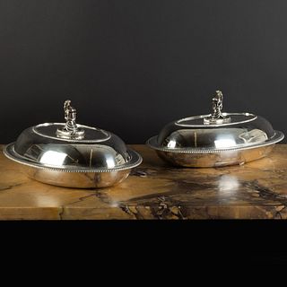 Pair of George III Silver EntrÃ©e Dishes with Knight Form Finials