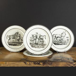 Set of Four Choisy le Roi Transfer Printed Creamware Plates with Equestrian Themes