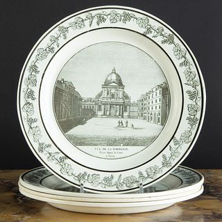 Set of Three French Transfer Printed Creamware Plates Depicting Architecture and a Plate Depicting Battle