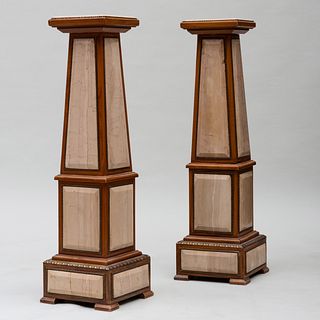 Pair of Modern Gilt-Metal-Mounted Walnut and Filled-Travertine Pedestals