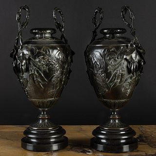 Pair of Late Napoleon III Bronze and Marble Urns 