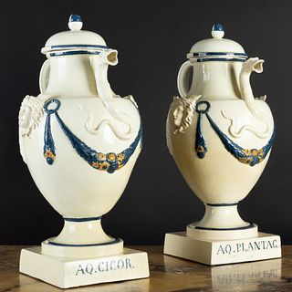 Pair of English Creamware Classical Form Apothecary Ewers and Covers