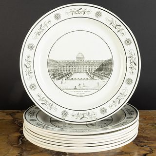 Group of Eight Stone, Coquerel et Le Gros Transfer Printed Creamware Dinner Plates Depicting Architecture