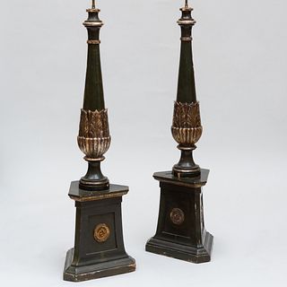 Pair of Italian Neoclassical Green Painted and Parcel-Gilt Columnar Floor Lamps