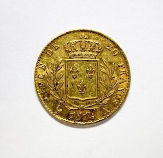 France gold 20 Francs, 1814, 'A', about VF, 6.5gm
