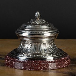 French Silver Inkwell on Porphyry Base
