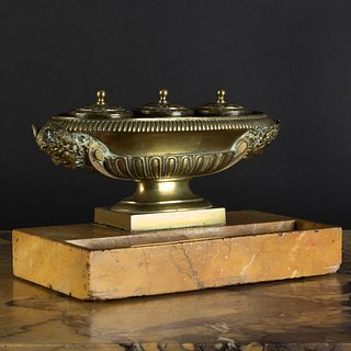 French Brass and Sienna Marble Inkwell and Pen Tray