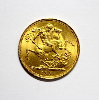 Victoria gold sovereign, 1887, hooked J?, VF or better