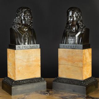 Pair of Louis Philippe Bronze Busts of Poussin and Raphael on Marble Bases