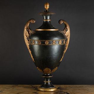 Large Black Painted TÃ´le and Parcel-Gilt Three-Quarter Urn and Cover 