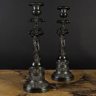 Pair of Bronze and Metal Figural Candlesticks, Possibly Italian