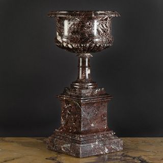 Large Brown Marble Urn on Pedestal